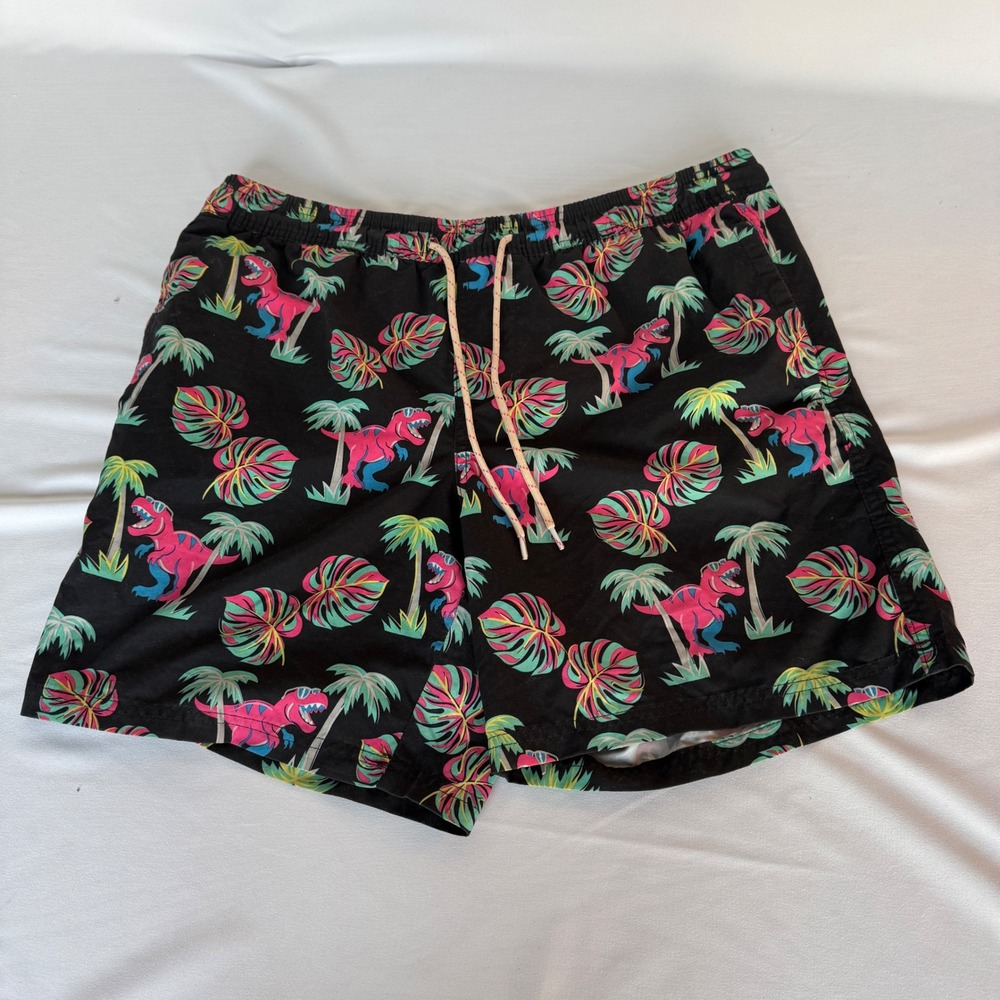 No Boundaries Mens Swim Trunks Pink Dinosaur Tropical Palm Print Black Medium